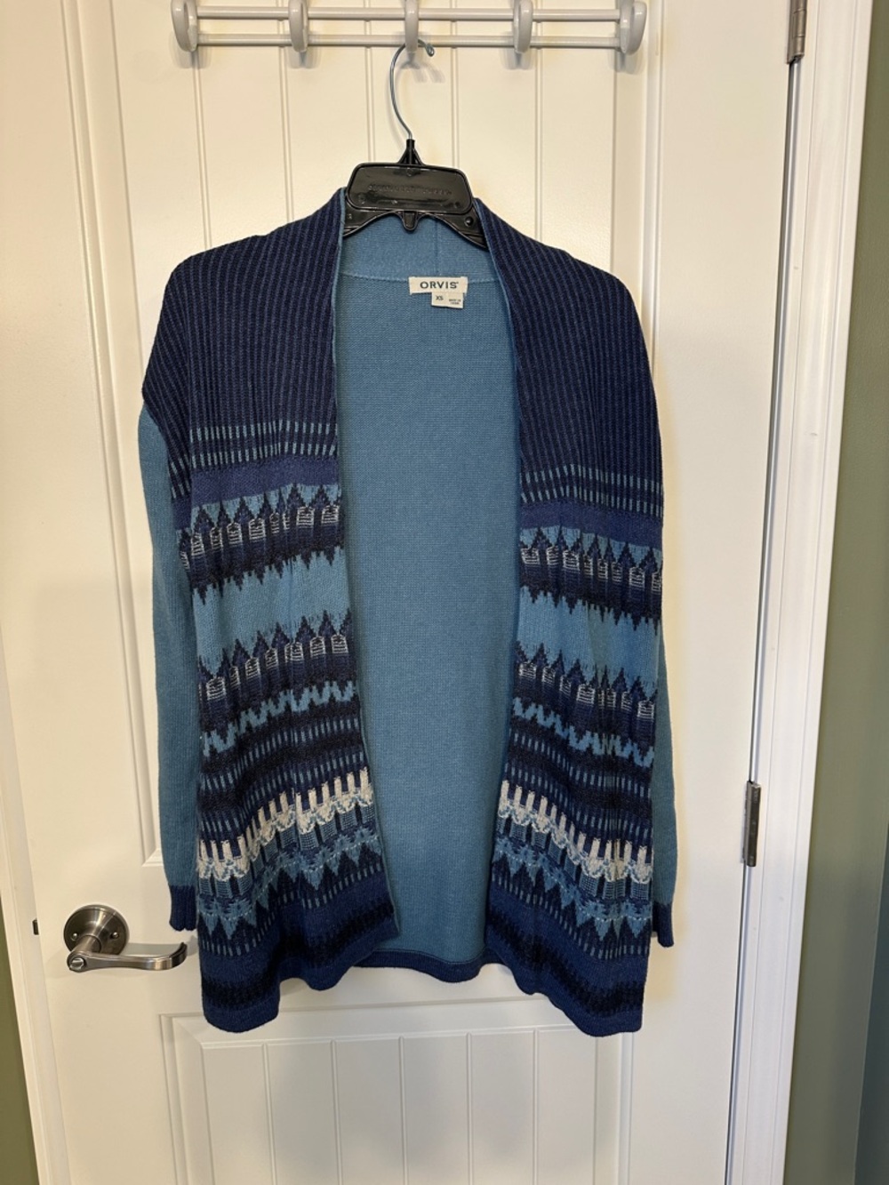 Orvis Navy and Light Blue Patterned Open-Front Cardigan